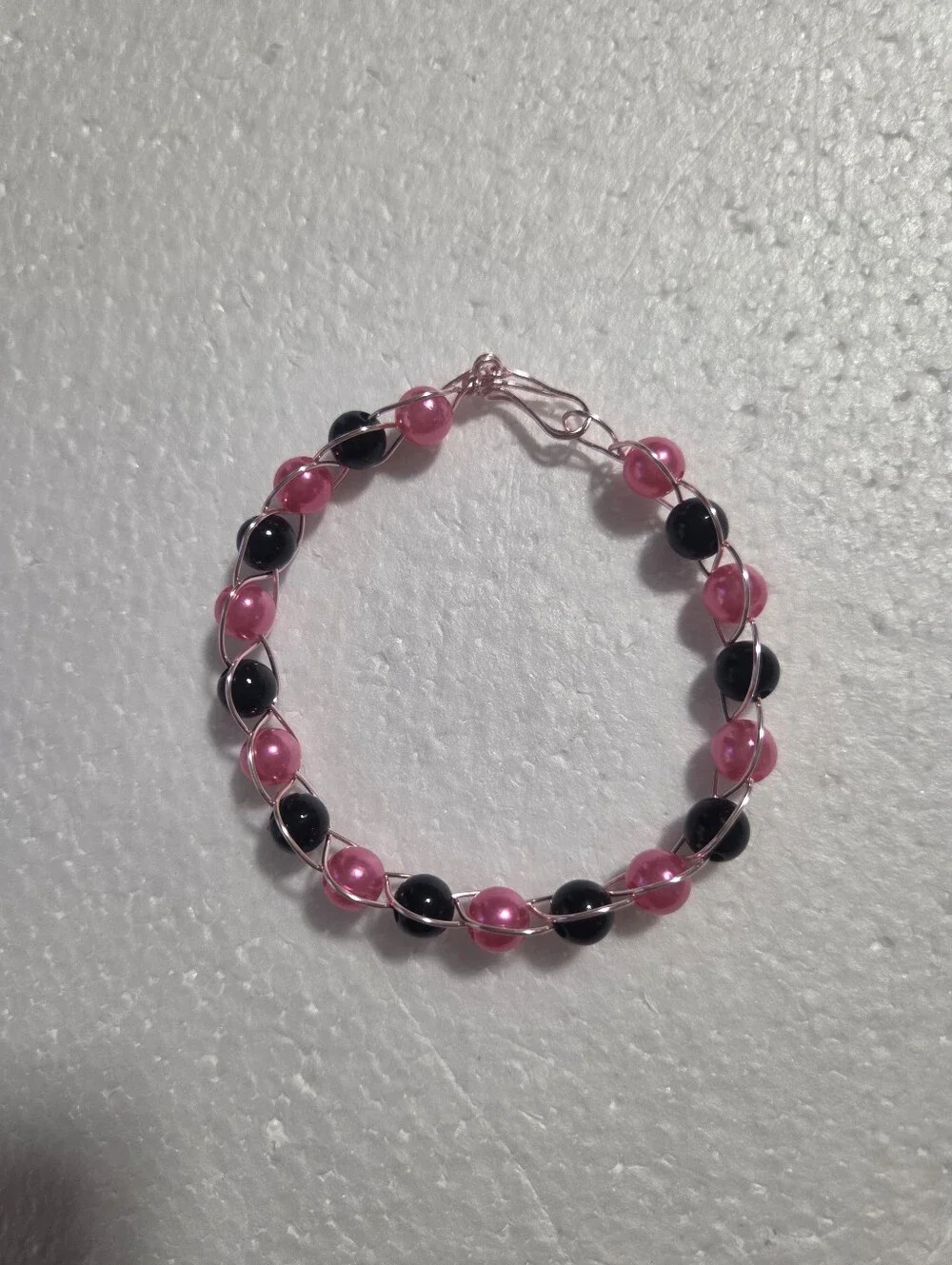 Handcrafted Pink and Black Faux Pearl Wire Bracelet